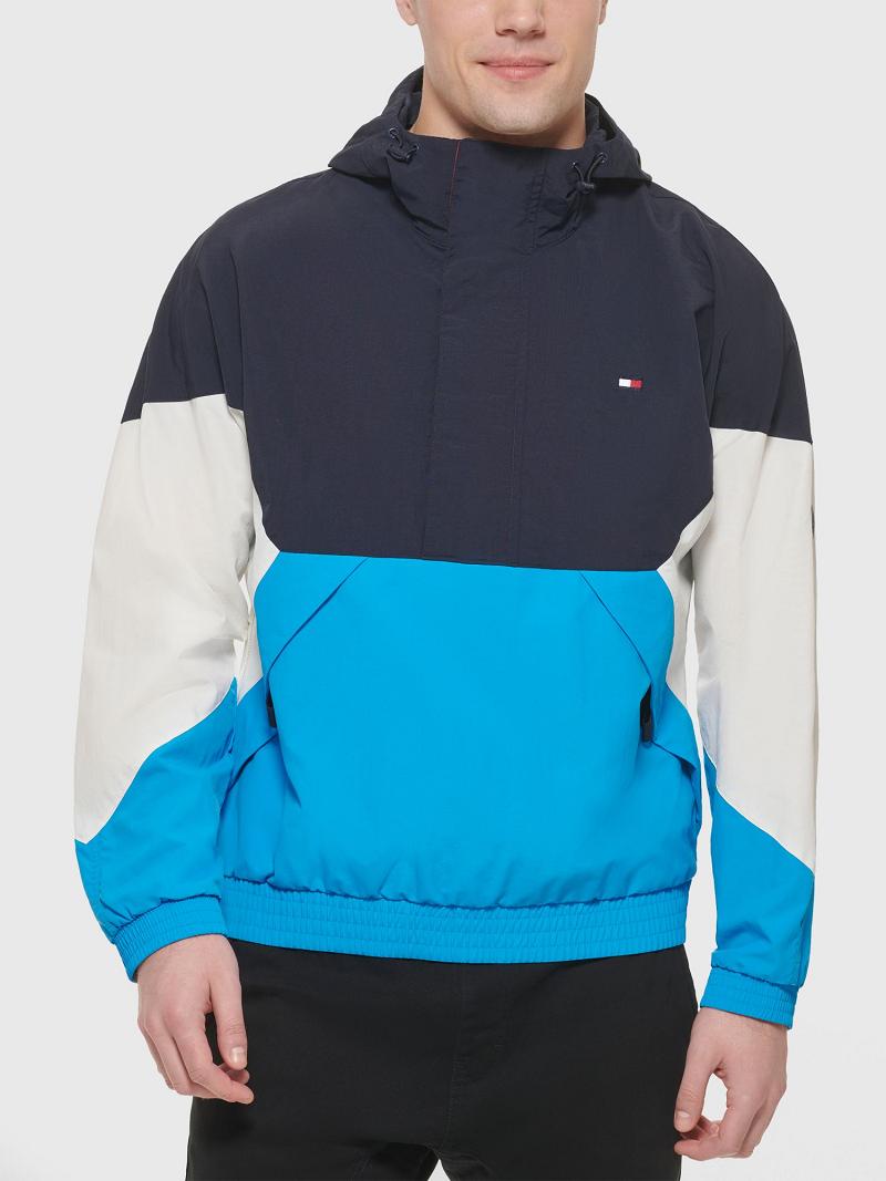 Férfi Tommy Hilfiger Csuklyás colorblock popover windbreaker Kabát Sötétkék Színes | HU 1190LIS